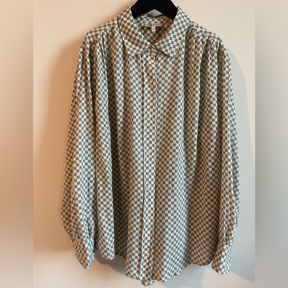 THE GREAT. Tops - The Great cotton checkered blouse natural grey size S check top shirt
